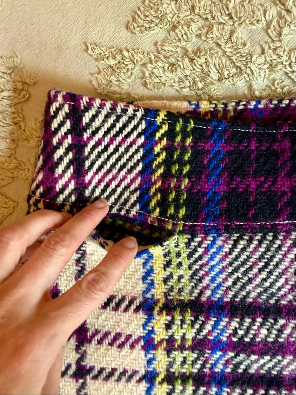 Burberry Cream Plaid Mini Skirt with Blue, Purple & Green Accents
